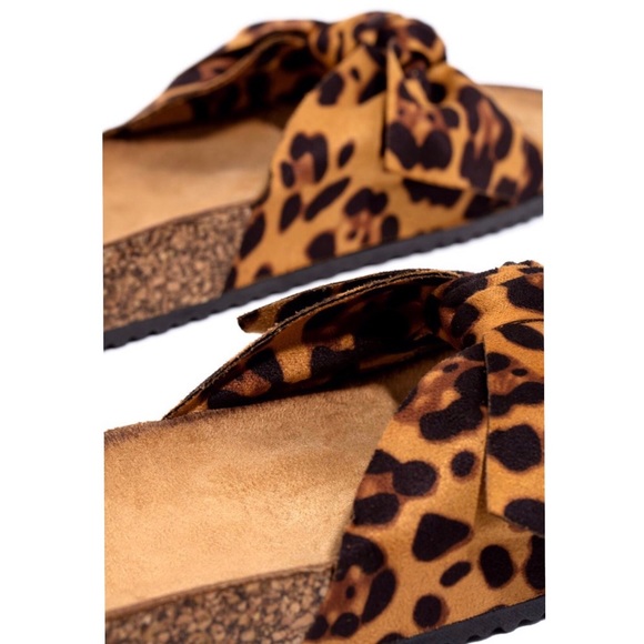Leopard Print Bow Knot Cork Slides Sandals - Picture 4 of 8